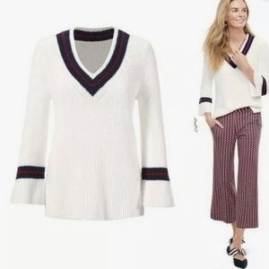 Cabi Ace Pullover #3569 V-neck Red White & Blue Bell Sleeved Sweater Size XS EUC